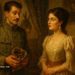 Arms and the Man Bangla and English Summary Arms and the Man Feature Image AI Generated by porivasa.com, a military man with chocolate in his hand with a beautiful woman curiously watching him