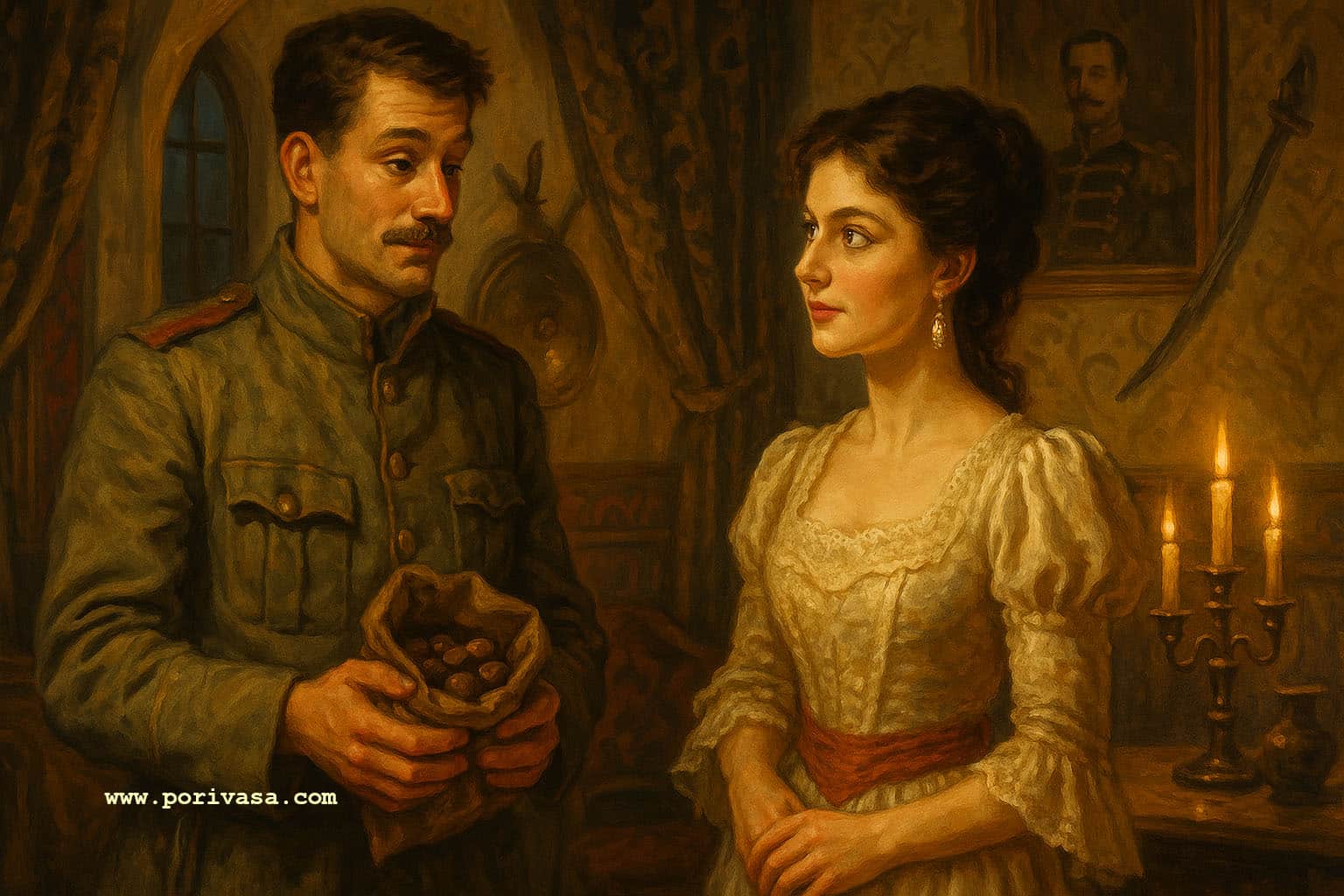 Arms and the Man Feature Image AI Generated by porivasa.com, a military man with chocolate in his hand with a beautiful woman curiously watching him