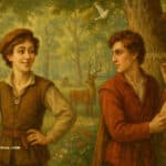 As You Like It Bangla and English Summary As You Like It Feature image with a two person one writing a word ROSALIND on the tree and other observing him created by porivasa.com via AI