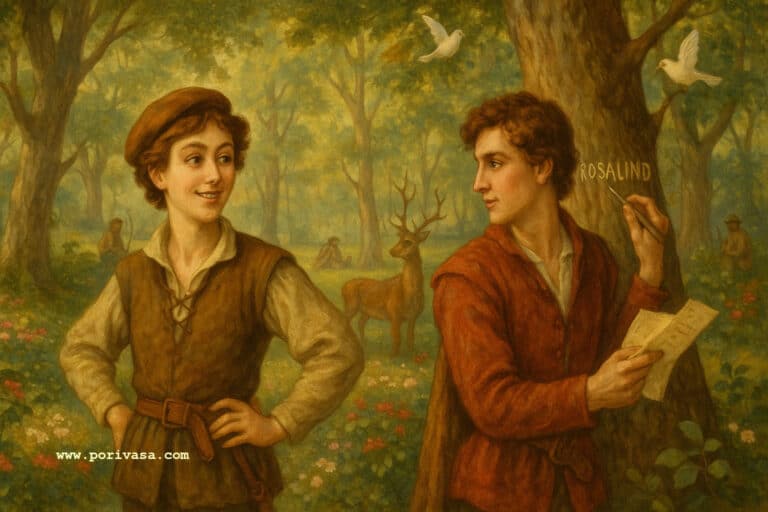 As You Like It Feature image with a two person one writing a word ROSALIND on the tree and other observing him created by porivasa.com via AI
