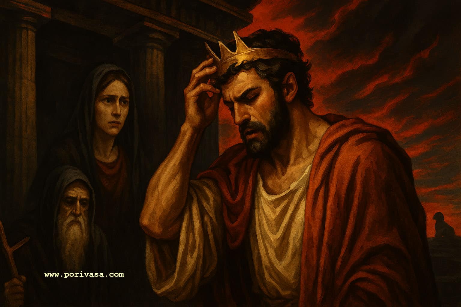 Oedipus Rex Feature Image a king with a queen and a old fortune taller created by porivasa.com