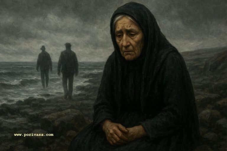 Riders to the Sea Feature Image with a old woman sitting over a rock beside a sea, (AI Generated) image by porivasa.com