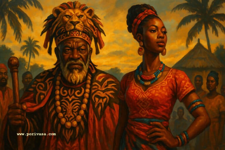 The Lion and the Jewel Image of a old person with beautiful woman feature image of Porivasa.com created by AI