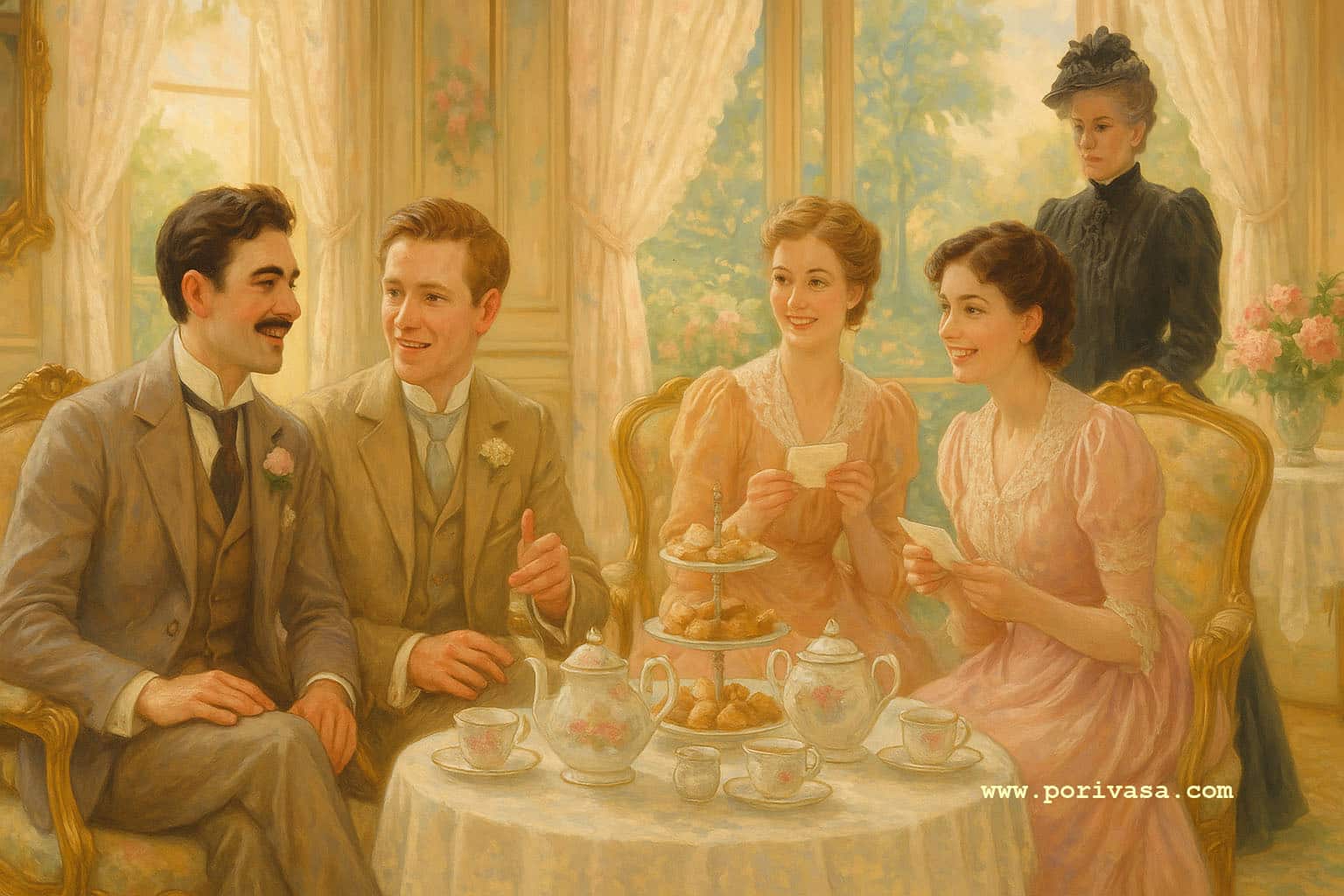 Importance of Being Earnest feature image with two Handsome man sitting with two beautiful woman